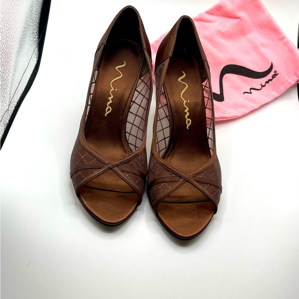 Nina brown peep toe heels size 8.
